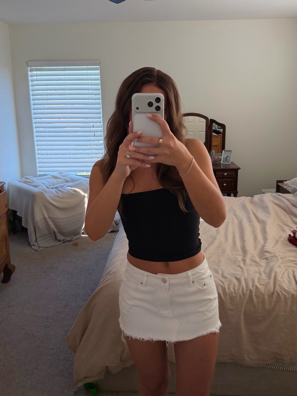 Women's White Denim Frayed Hem Mini Skirt